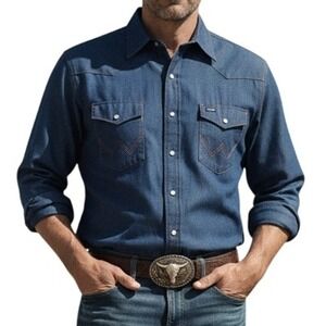 VTG Wrangler Sanforized Blue Denim Men's Pearl Snap Button Western shirt 17.5x35